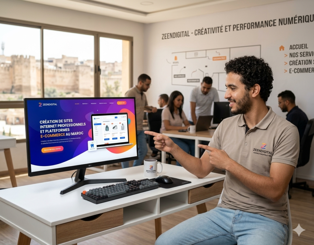 Une équipe professionnelle de l'agence digitale Zeendigital travaillant dans des bureaux modernes à Fès sur la création de sites web professionnels et de plateformes e-commerce.